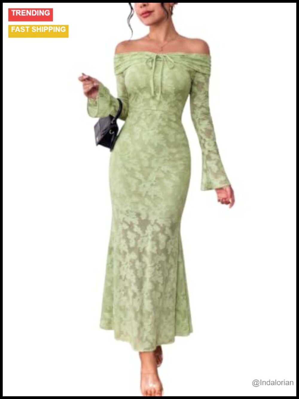 Off Shoulder Mermaid Midi Dress Bell Sleeve Wedding Guest Formal
